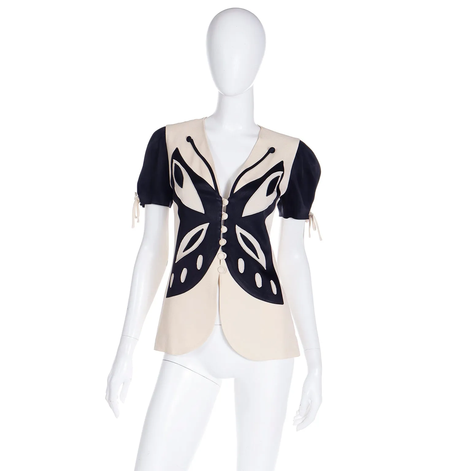 1980s or Early 1990s Franco Moschino Black & Cream Butterfly Top