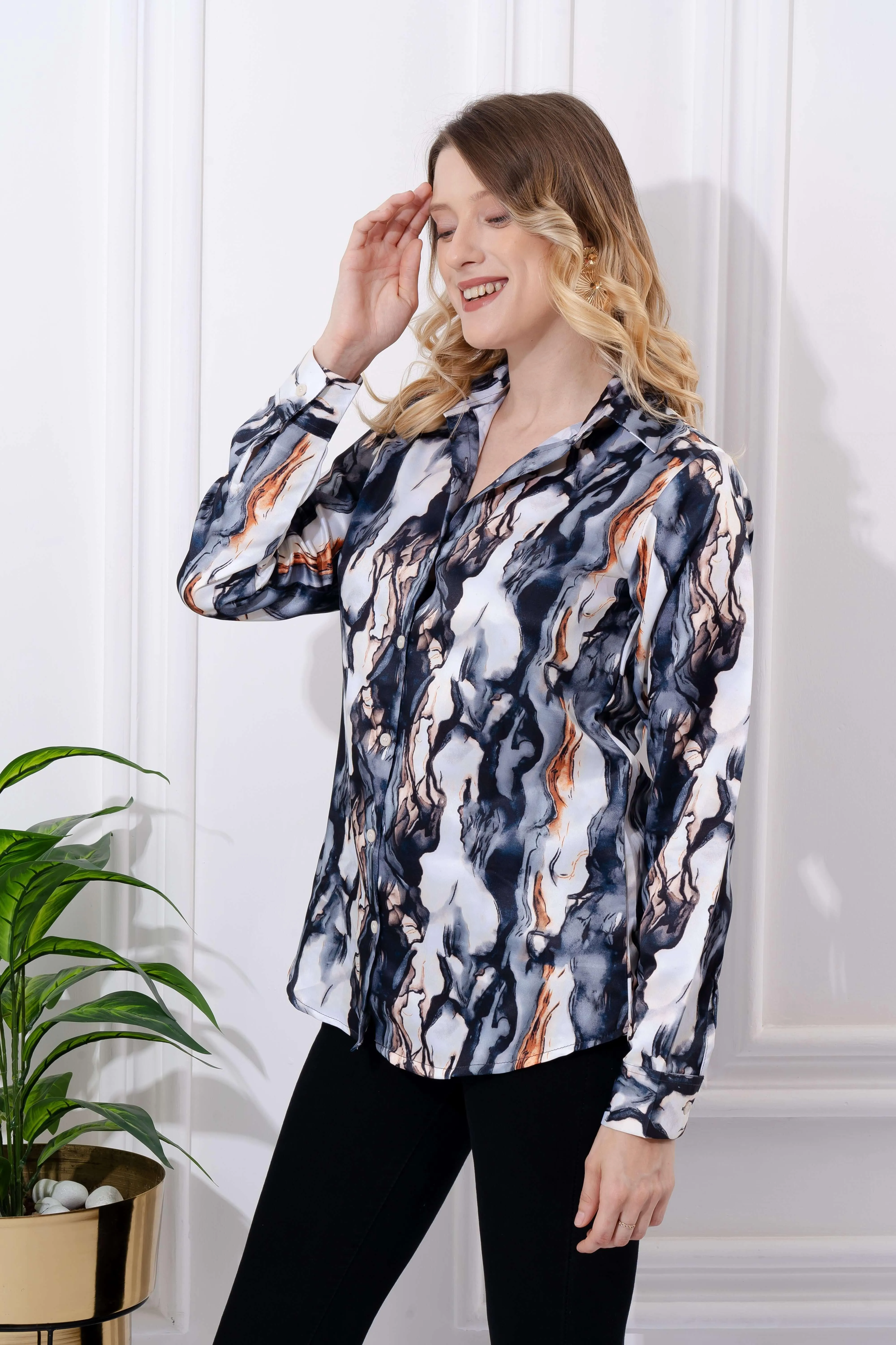 Abstract Marble Printed Satin Shirt