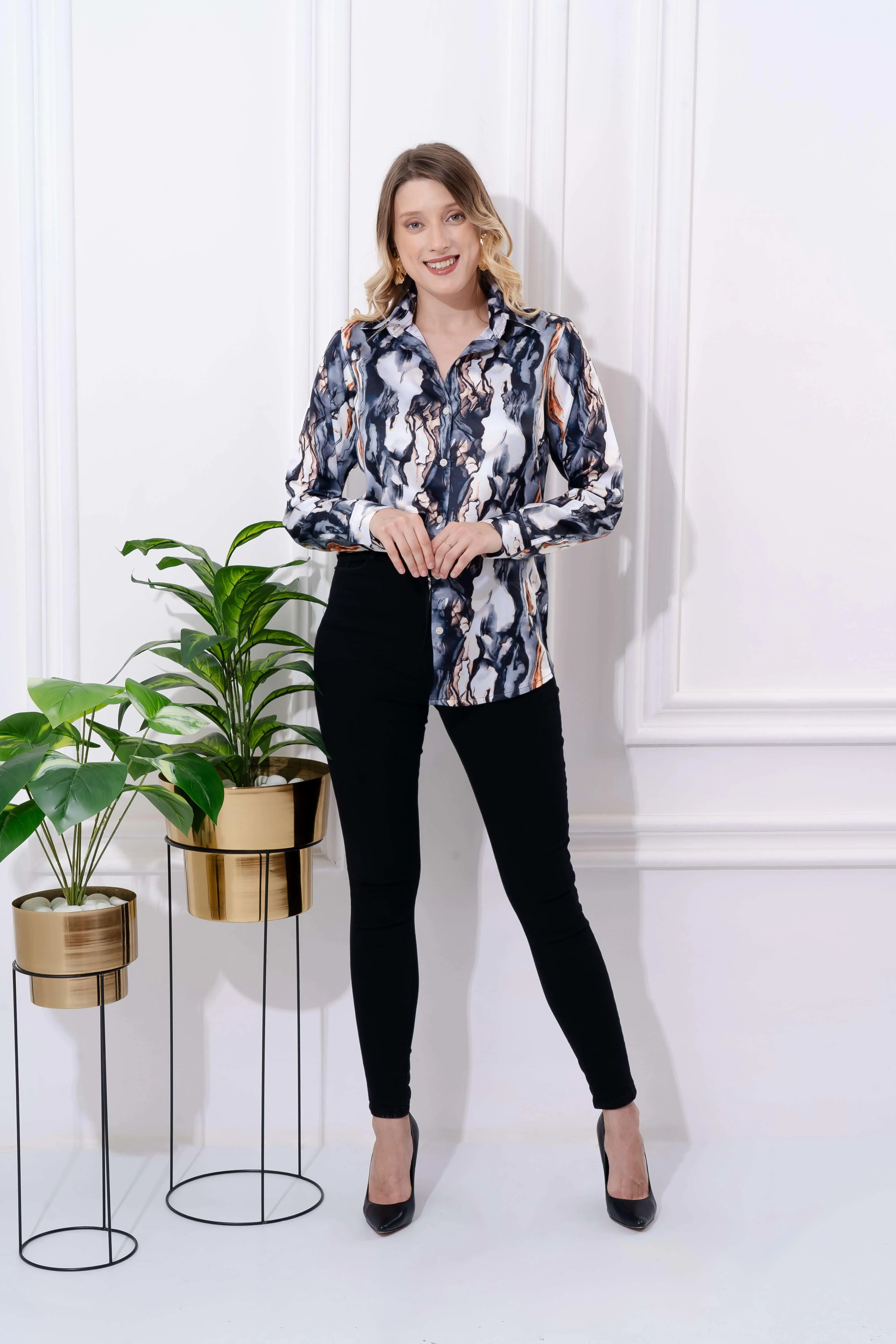 Abstract Marble Printed Satin Shirt