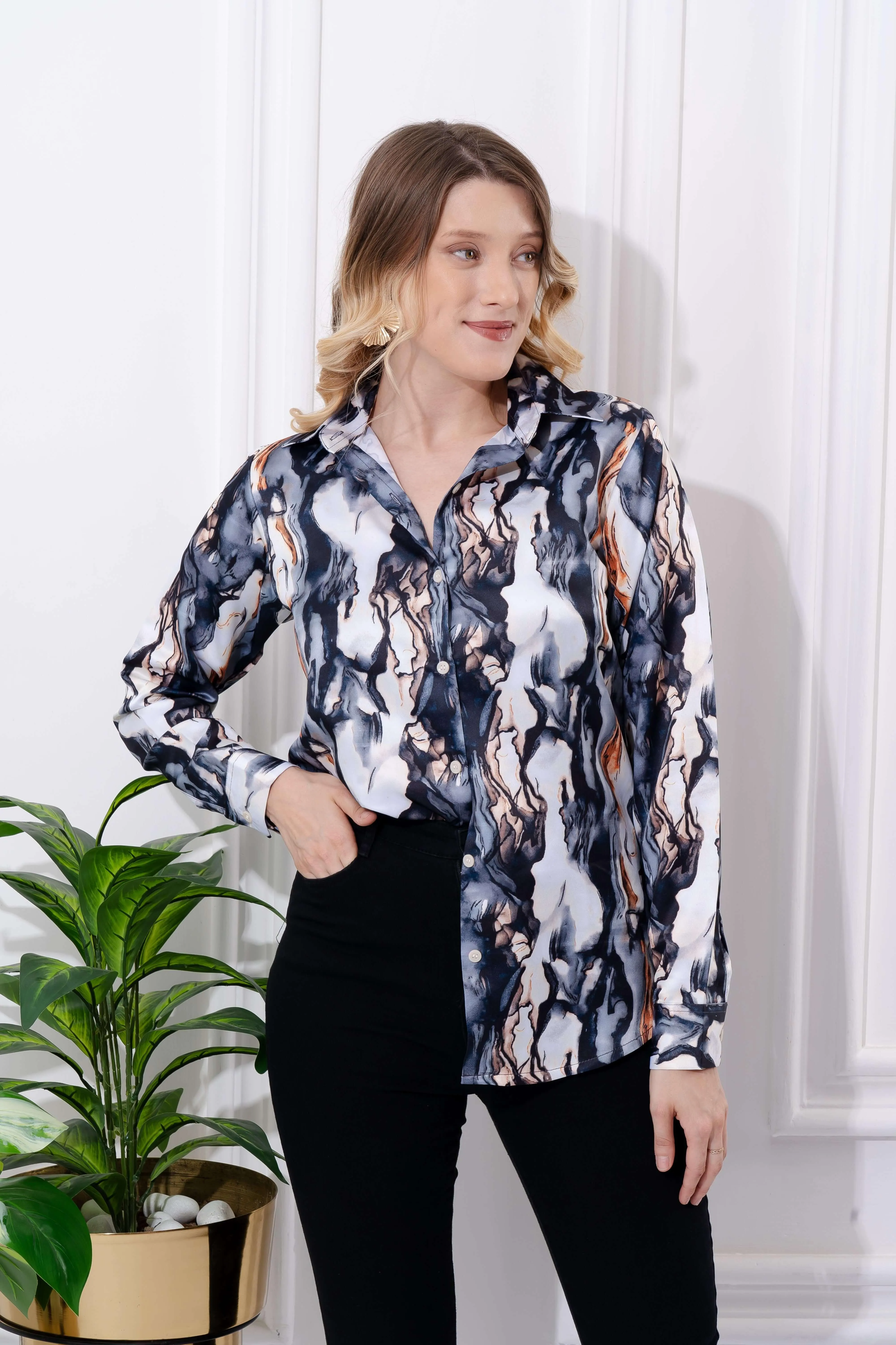 Abstract Marble Printed Satin Shirt