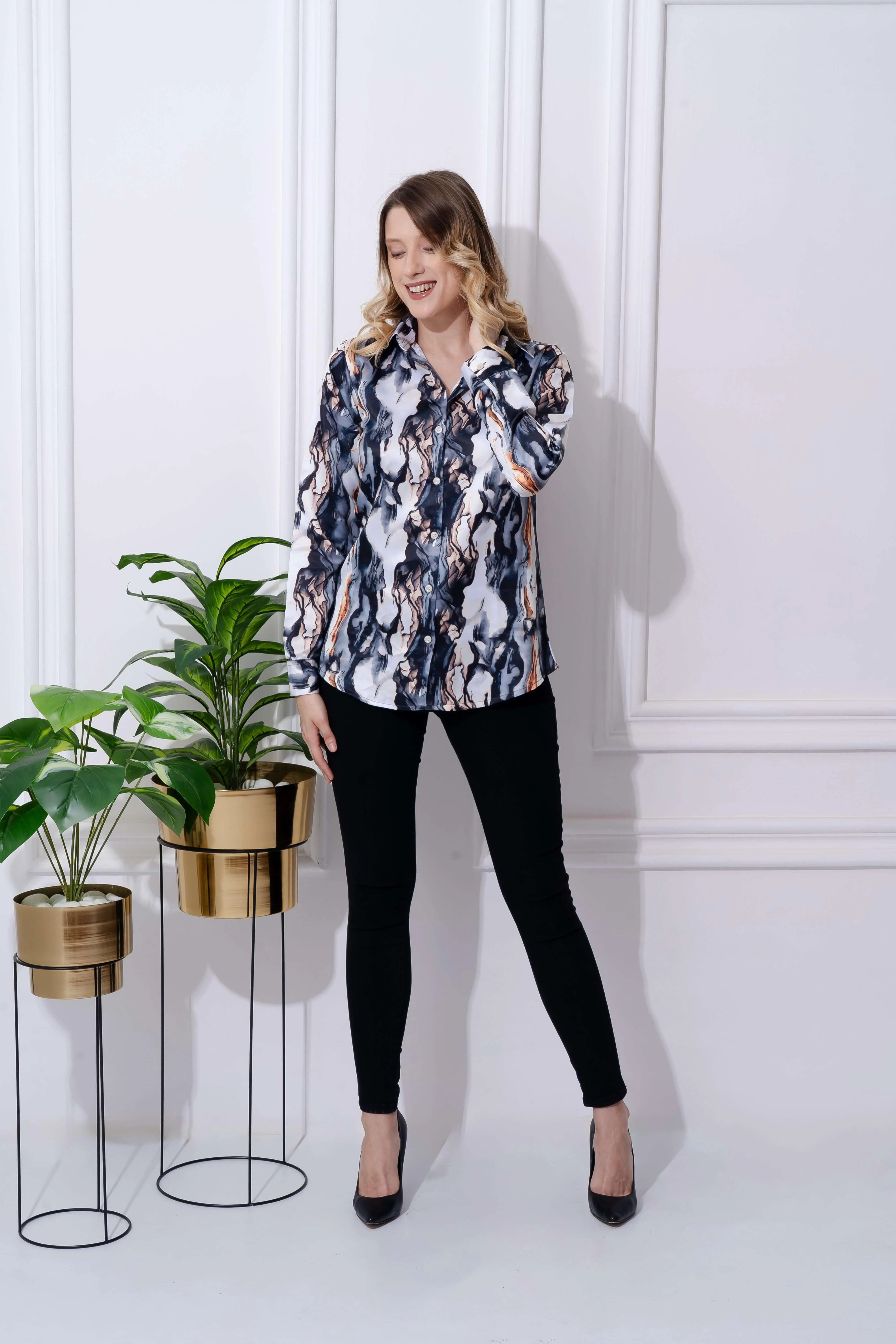 Abstract Marble Printed Satin Shirt