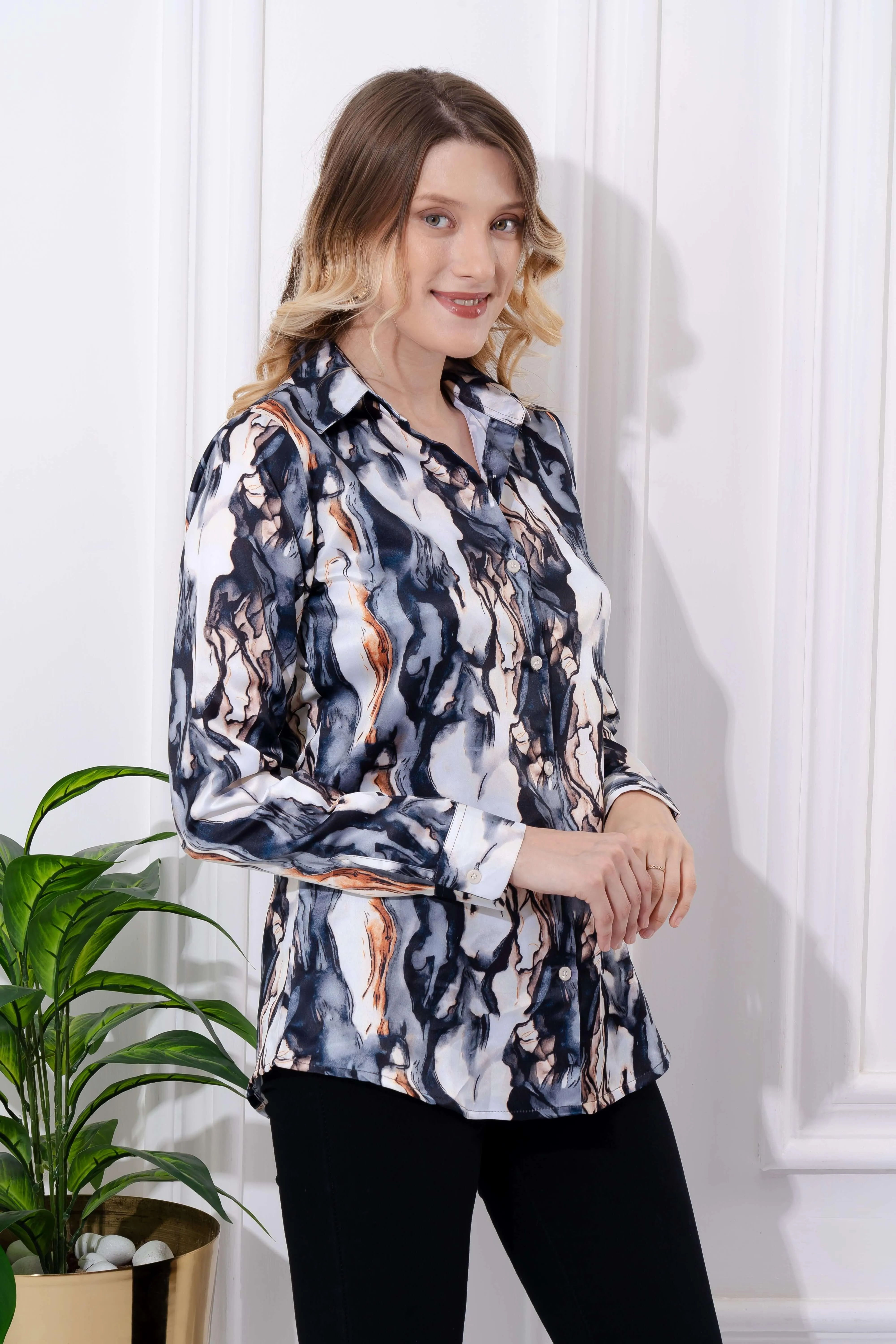 Abstract Marble Printed Satin Shirt