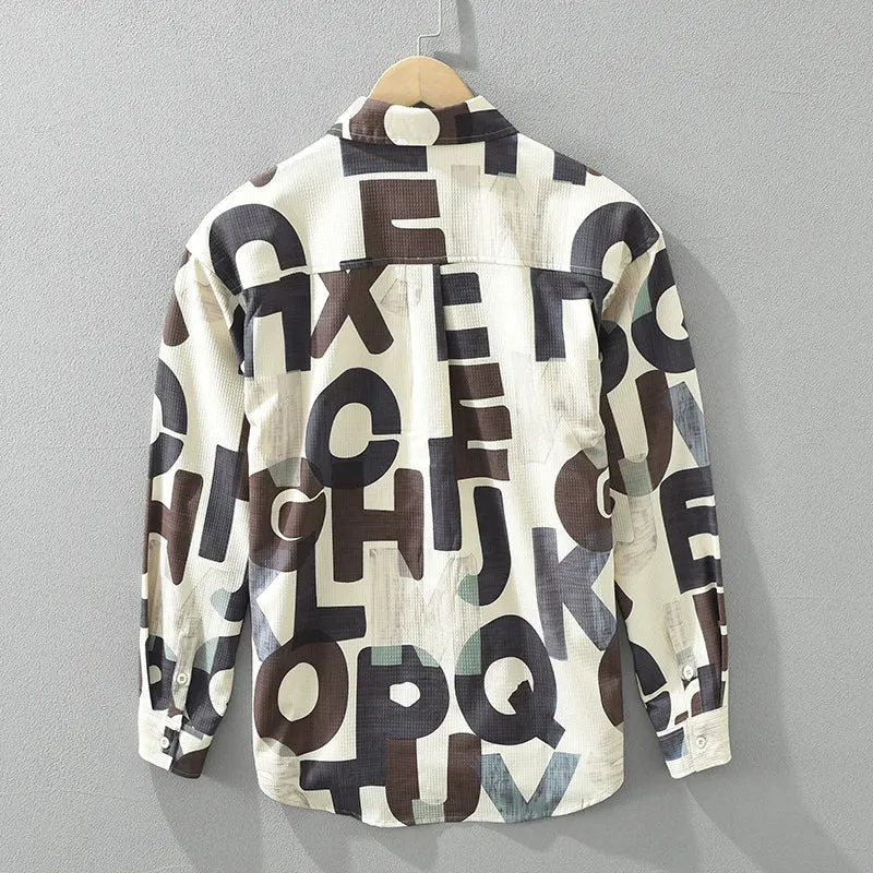 Aidase Stylish Letter Printed Polyester Shirts for Men Spring Fashion Long Sleeve Blouse for Youth Male Cool Hip Hops Casual Loose Tops