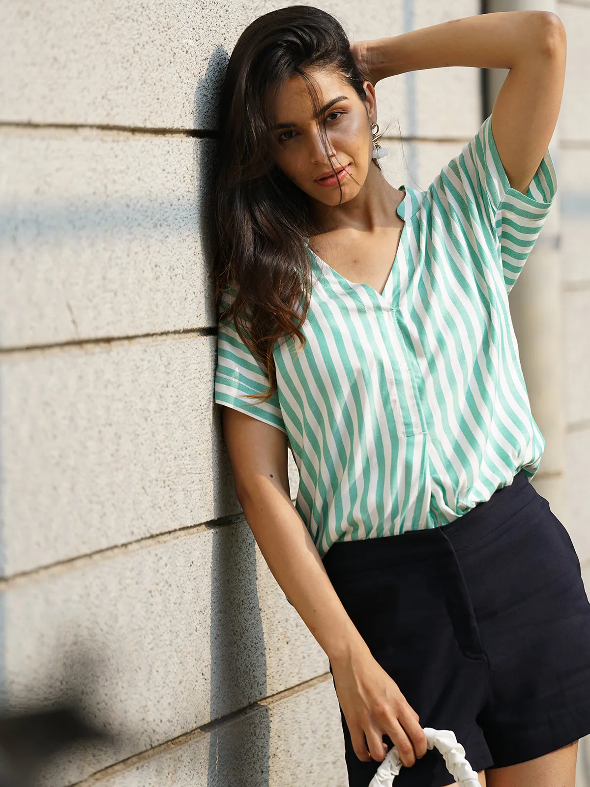 Alva Green Striped Stylish Formal Top