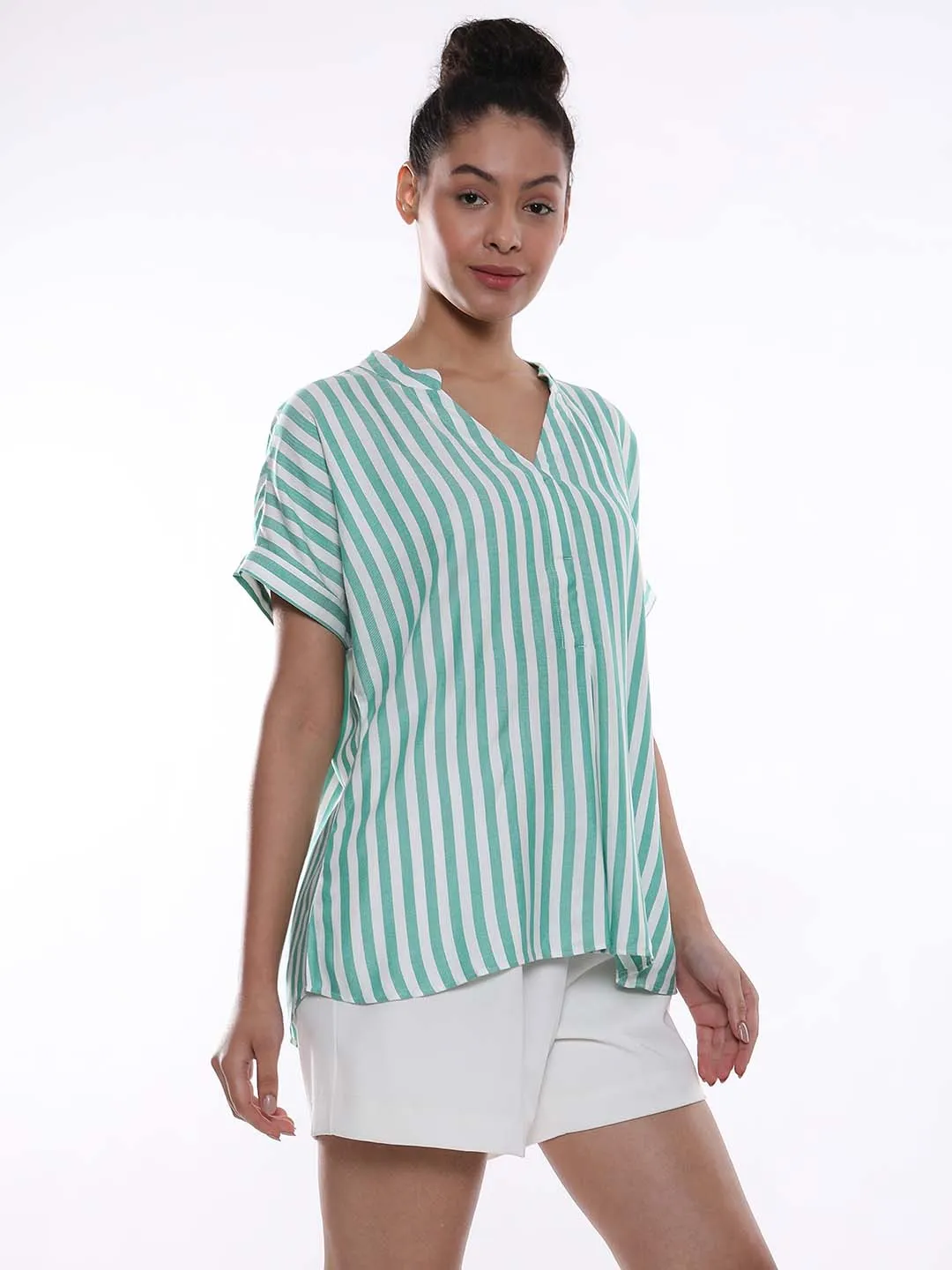 Alva Green Striped Stylish Formal Top