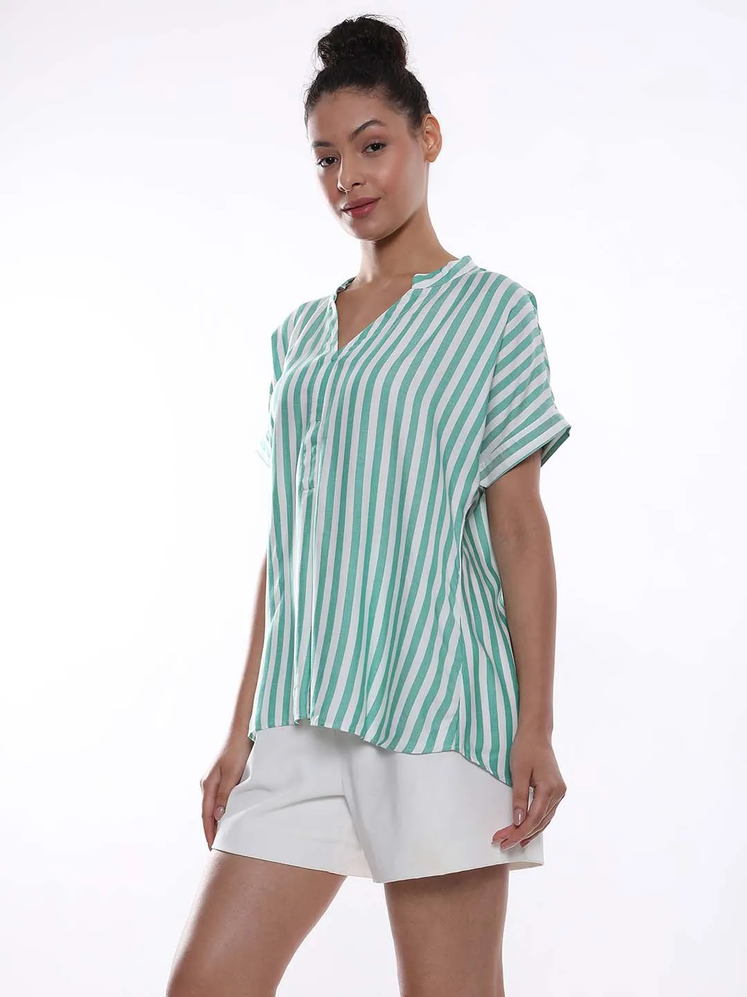 Alva Green Striped Stylish Formal Top