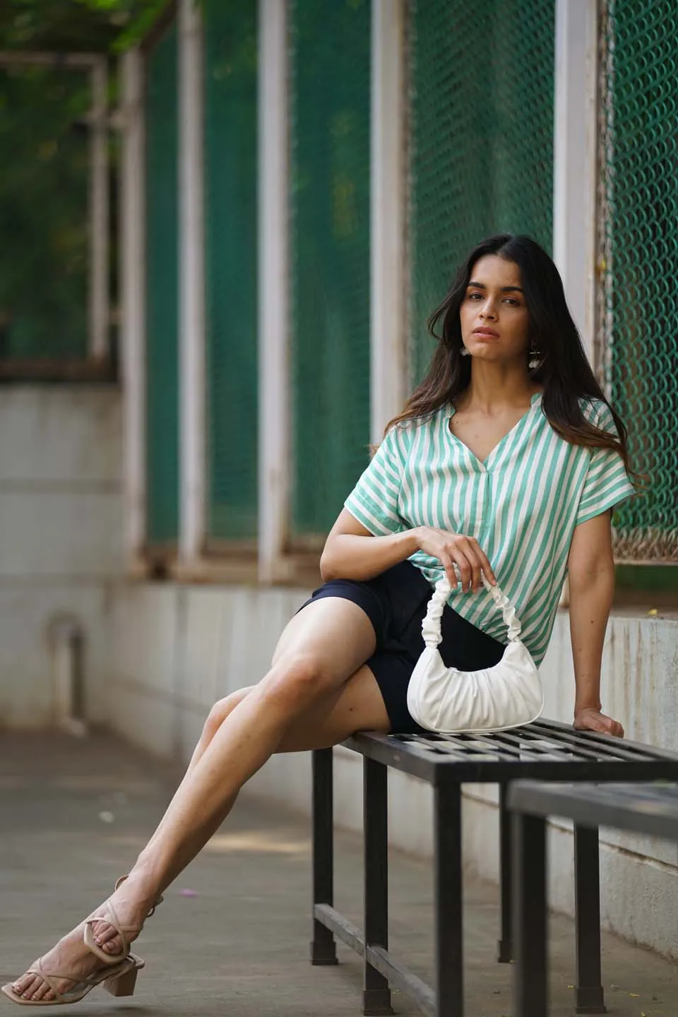 Alva Green Striped Stylish Formal Top