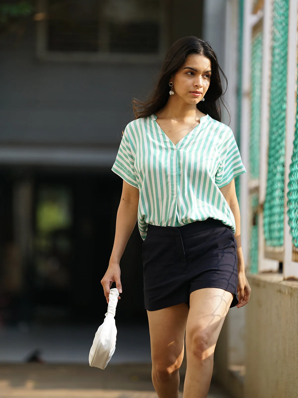 Alva Green Striped Stylish Formal Top