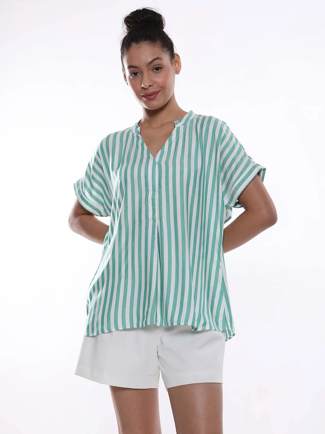Alva Green Striped Stylish Formal Top