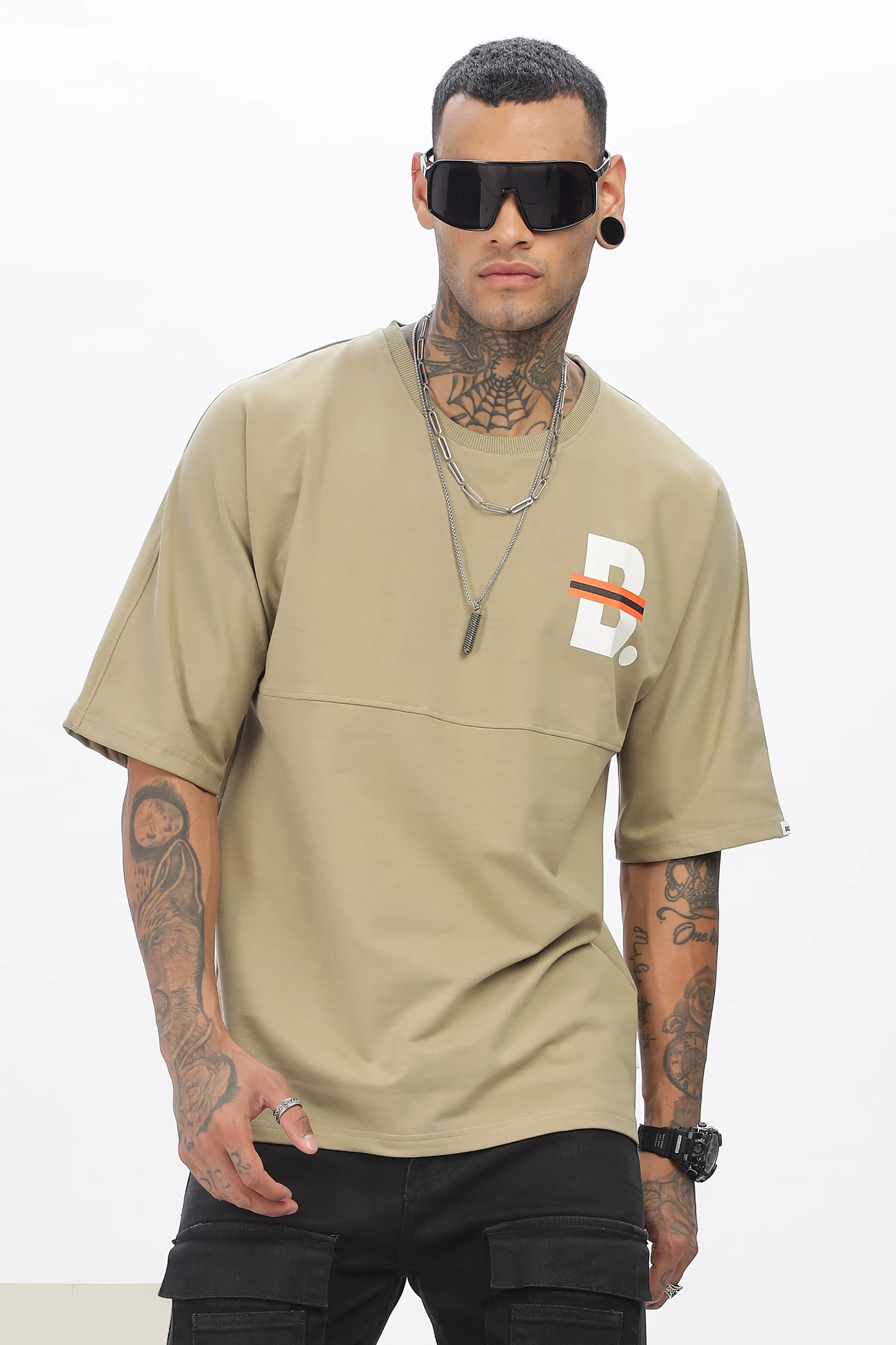 Beige Stylish Drop Shoulder T Shirt For Men