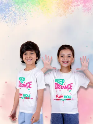 BownBee Sibling Sets Keep Distance play Holi Half Sleeve Round Neck Printed T-shirt-White
