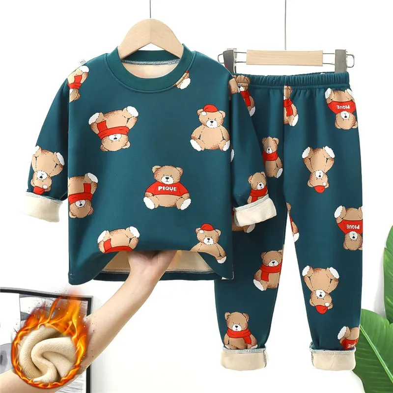 Cartoon Bear Design Kids Warm Plus Velvets Sleepwears