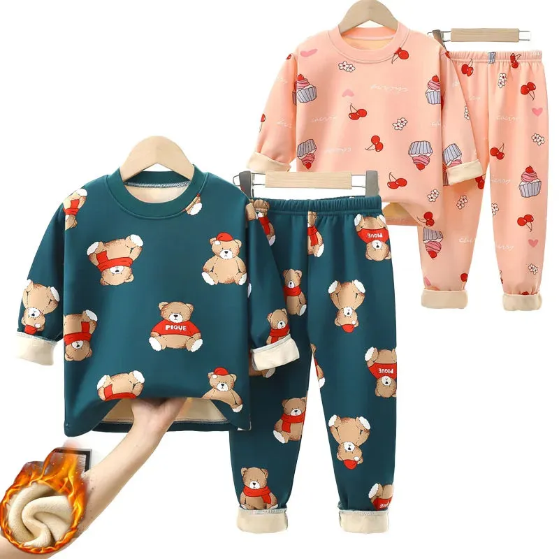 Cartoon Bear Design Kids Warm Plus Velvets Sleepwears