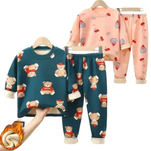 Cartoon Bear Design Kids Warm Plus Velvets Sleepwears