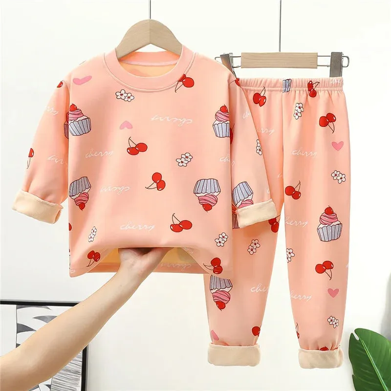 Cartoon Bear Design Kids Warm Plus Velvets Sleepwears