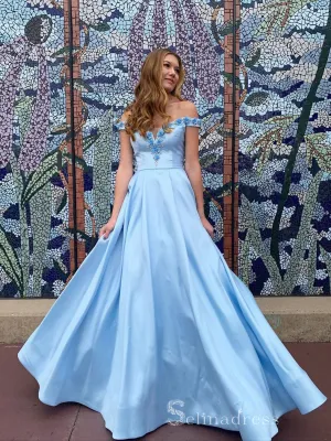 Chic A-line Off-the-shoulder Sky Blue Long Prom Dresses Satin Evening Dress CBD285