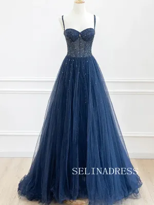 Chic A-line Shiny Dark Navy Long Prom Dresses Gorgeous Evening Dress TKH002