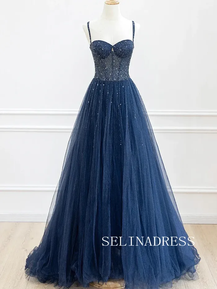 Chic A-line Shiny Dark Navy Long Prom Dresses Gorgeous Evening Dress TKH002