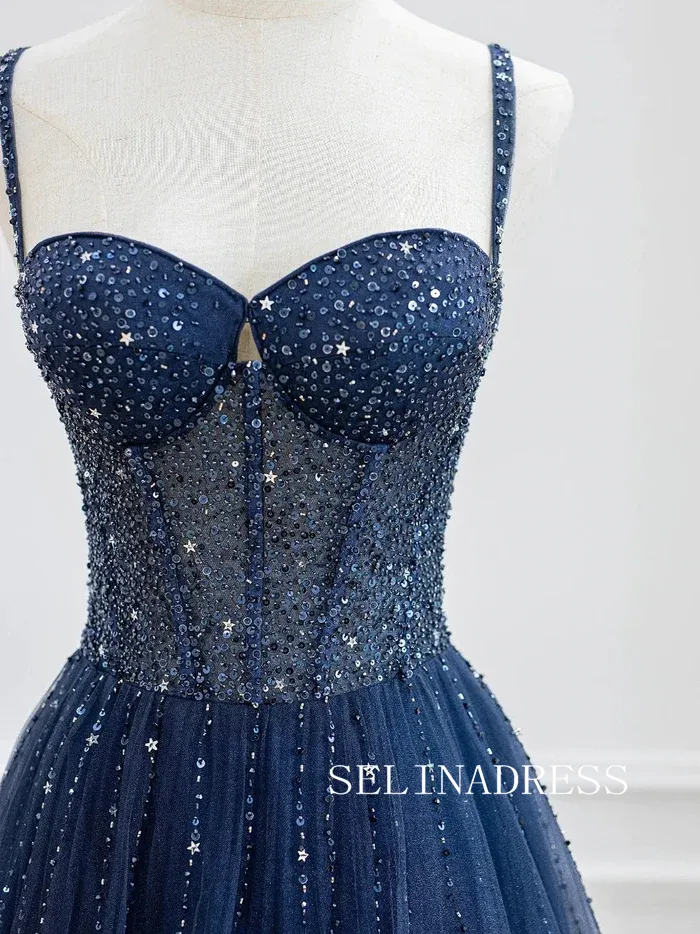 Chic A-line Shiny Dark Navy Long Prom Dresses Gorgeous Evening Dress TKH002