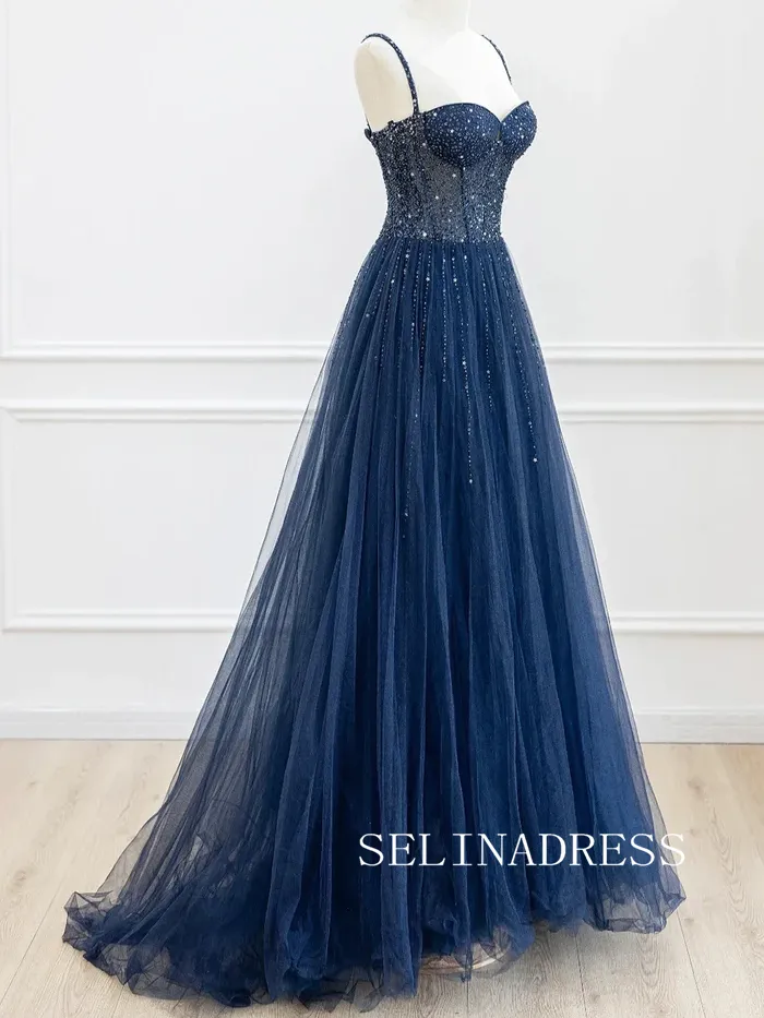 Chic A-line Shiny Dark Navy Long Prom Dresses Gorgeous Evening Dress TKH002