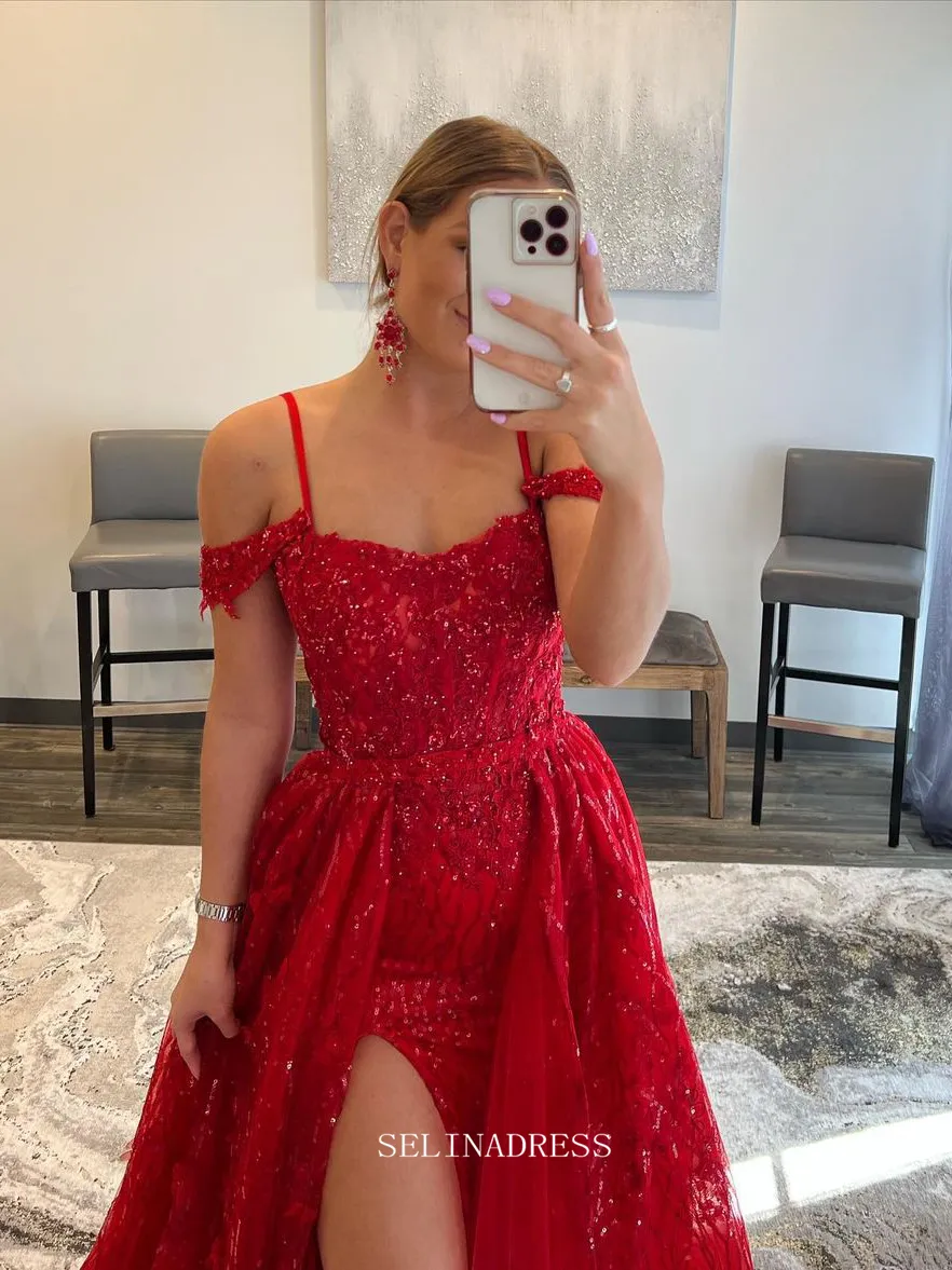 Chic A-line Straps Red Long Prom Dresses Applique Beaded Long Evening Dress Formal Dresses TKL074