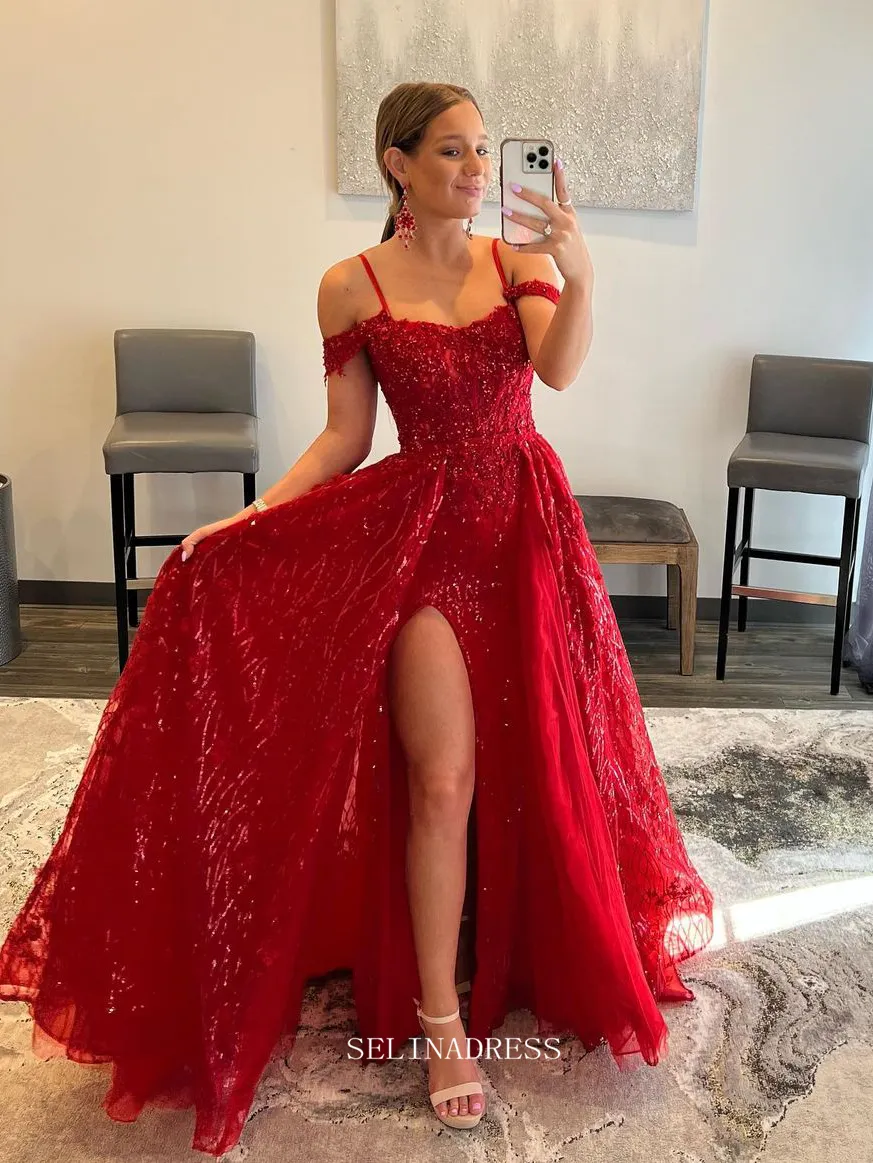 Chic A-line Straps Red Long Prom Dresses Applique Beaded Long Evening Dress Formal Dresses TKL074