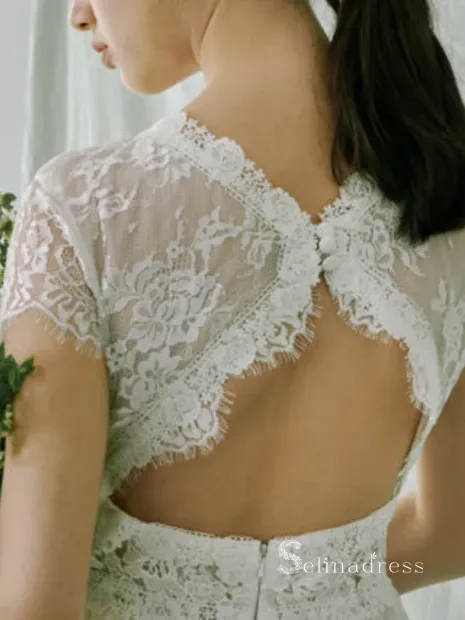 Chic A-line V neck Lace Wedding Dress Beautiful Boho Bridal Gowns MLH0478