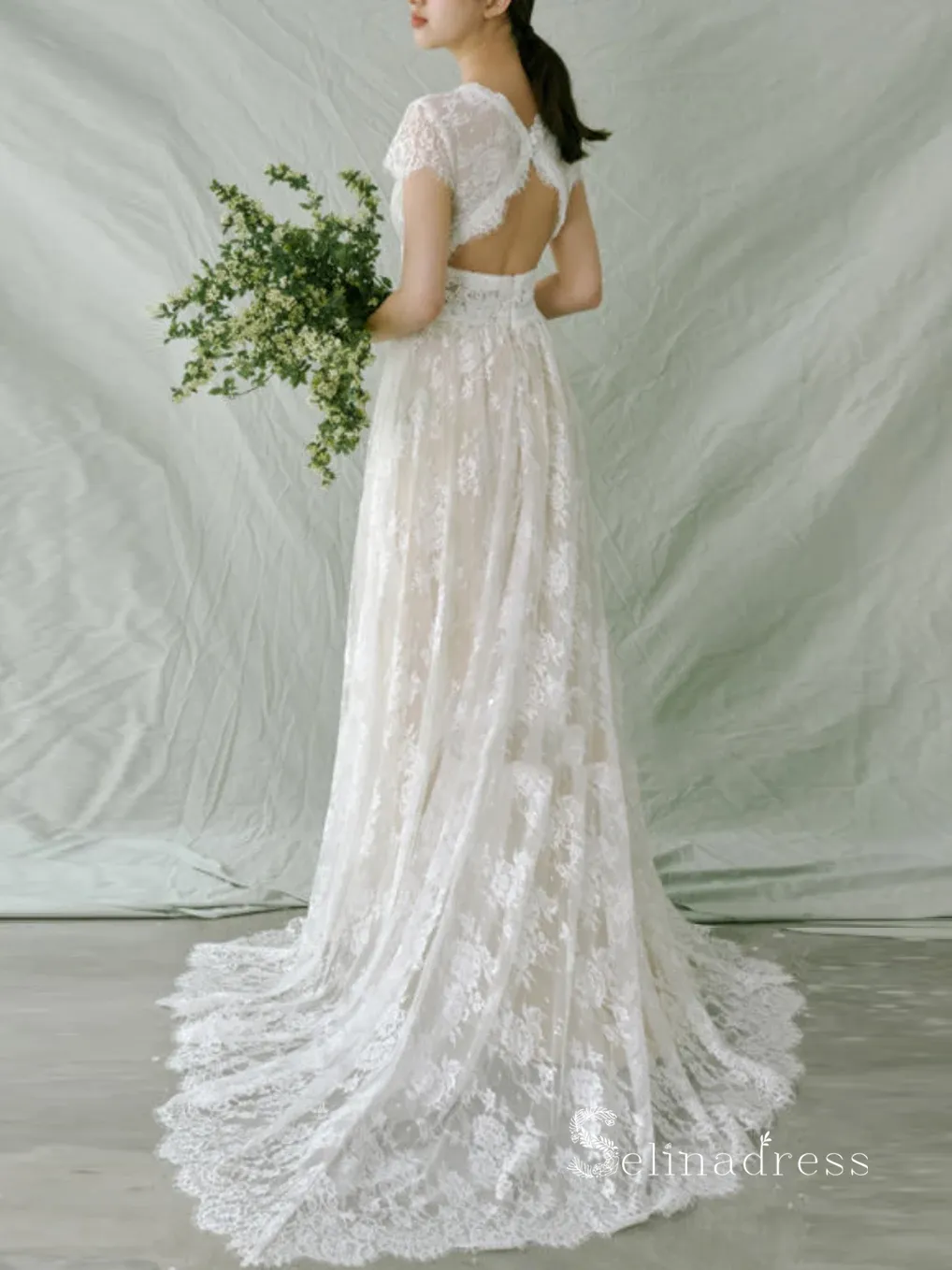 Chic A-line V neck Lace Wedding Dress Beautiful Boho Bridal Gowns MLH0478