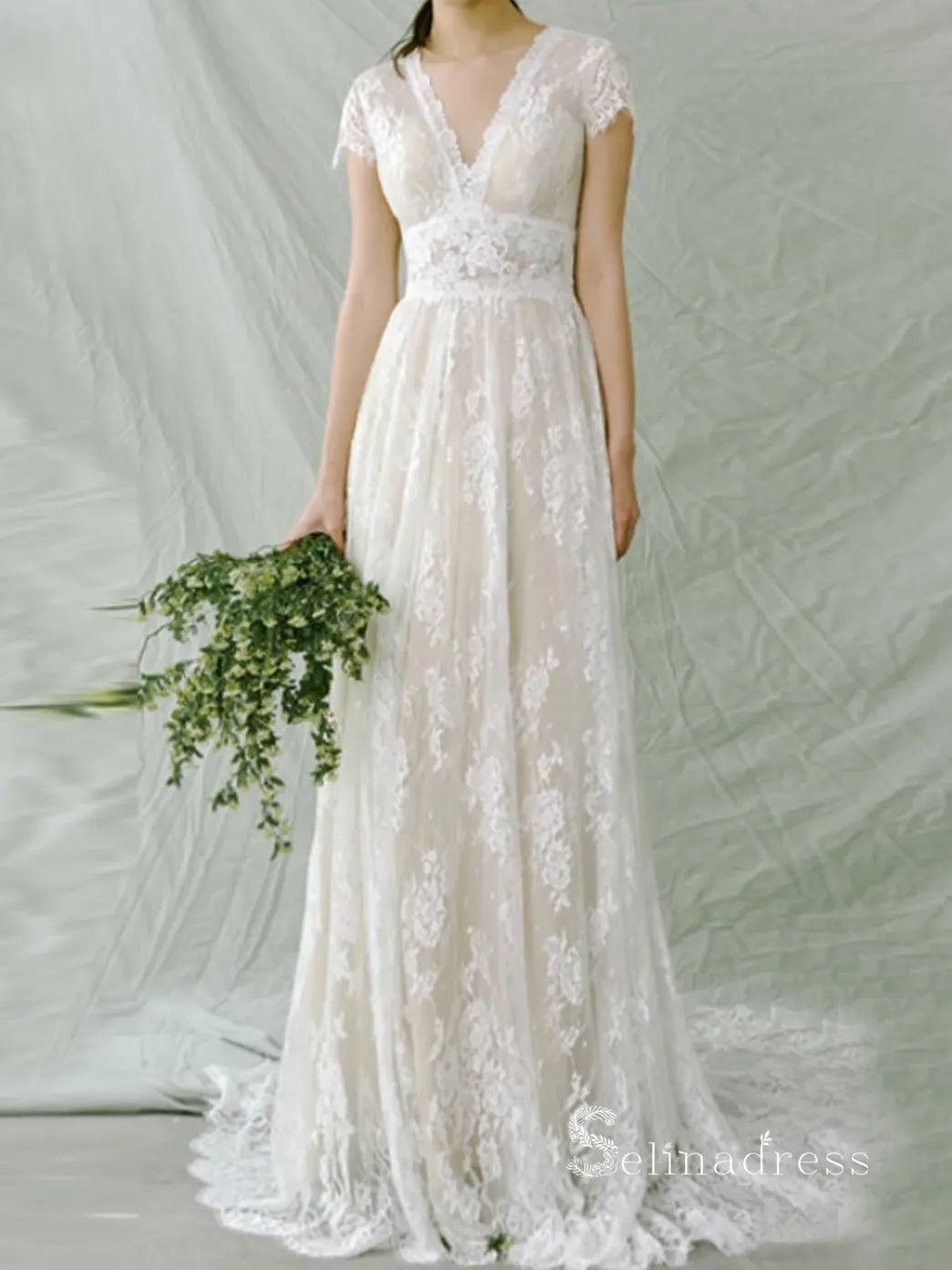 Chic A-line V neck Lace Wedding Dress Beautiful Boho Bridal Gowns MLH0478