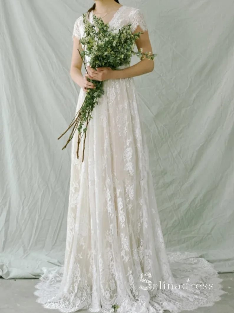 Chic A-line V neck Lace Wedding Dress Beautiful Boho Bridal Gowns MLH0478