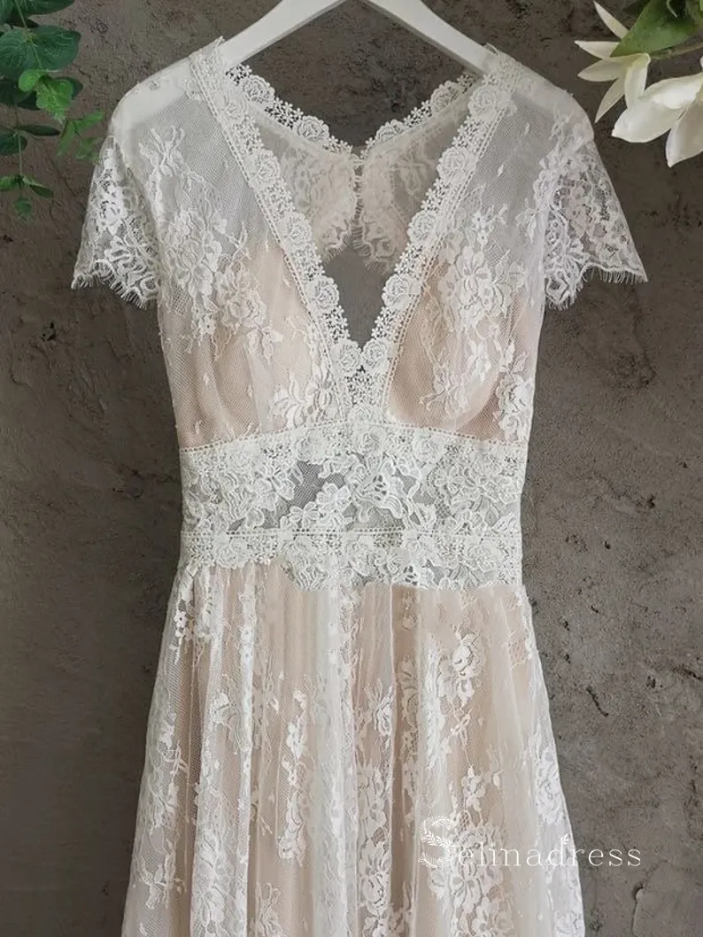 Chic A-line V neck Lace Wedding Dress Beautiful Boho Bridal Gowns MLH0478
