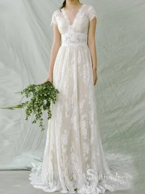 Chic A-line V neck Lace Wedding Dress Beautiful Boho Bridal Gowns MLH0478