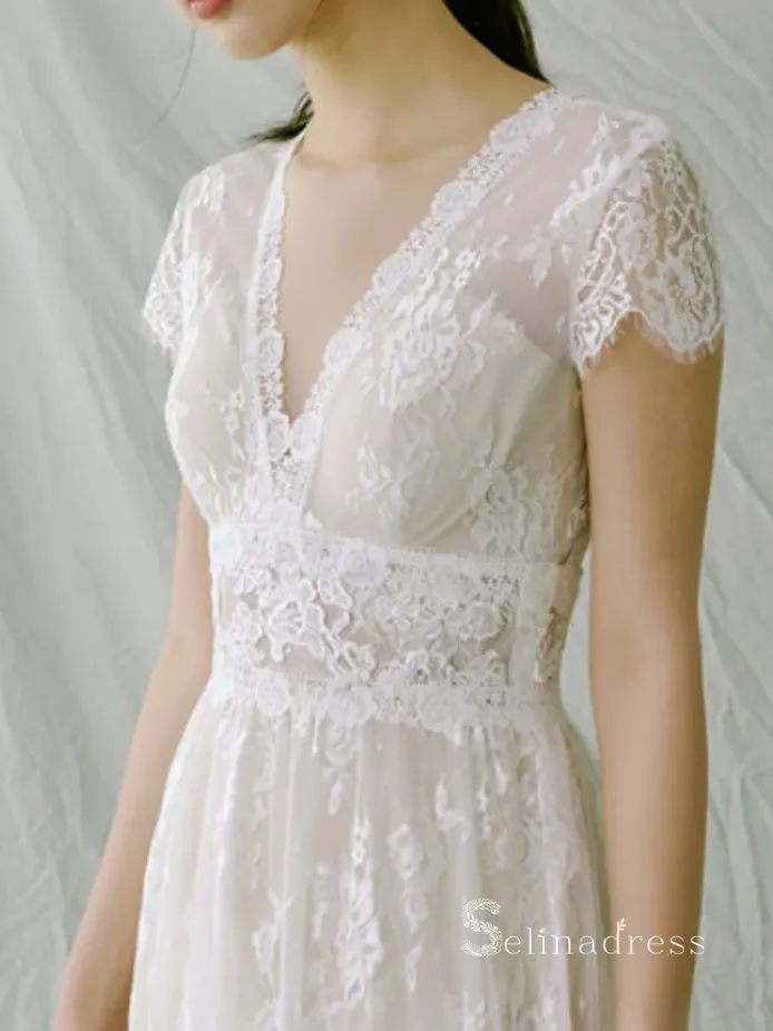 Chic A-line V neck Lace Wedding Dress Beautiful Boho Bridal Gowns MLH0478