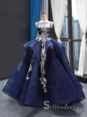 Chic Ball Gown Scoop luxury Prom Dress Applique Lace Dark Navy Prom Dresses Evening Gowns MLH0452