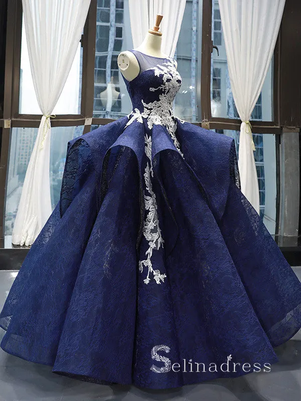 Chic Ball Gown Scoop luxury Prom Dress Applique Lace Dark Navy Prom Dresses Evening Gowns MLH0452