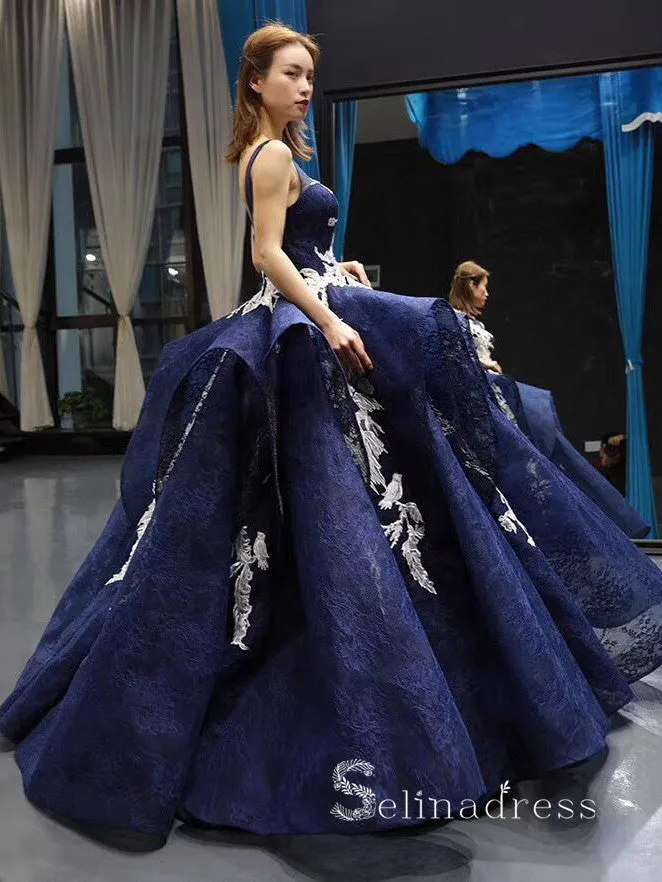 Chic Ball Gown Scoop luxury Prom Dress Applique Lace Dark Navy Prom Dresses Evening Gowns MLH0452