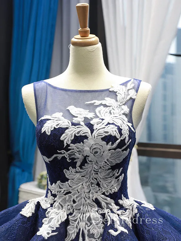 Chic Ball Gown Scoop luxury Prom Dress Applique Lace Dark Navy Prom Dresses Evening Gowns MLH0452