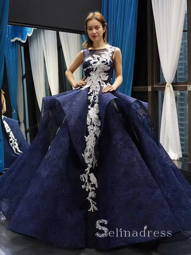 Chic Ball Gown Scoop luxury Prom Dress Applique Lace Dark Navy Prom Dresses Evening Gowns MLH0452