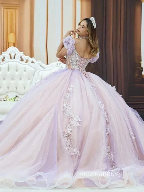 Chic Deep V neck Lilac Ball Gown Wedding Dresses Puff Sleeve Quincedress Rhinestone Evening Gowns LPK107
