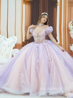 Chic Deep V neck Lilac Ball Gown Wedding Dresses Puff Sleeve Quincedress Rhinestone Evening Gowns LPK107