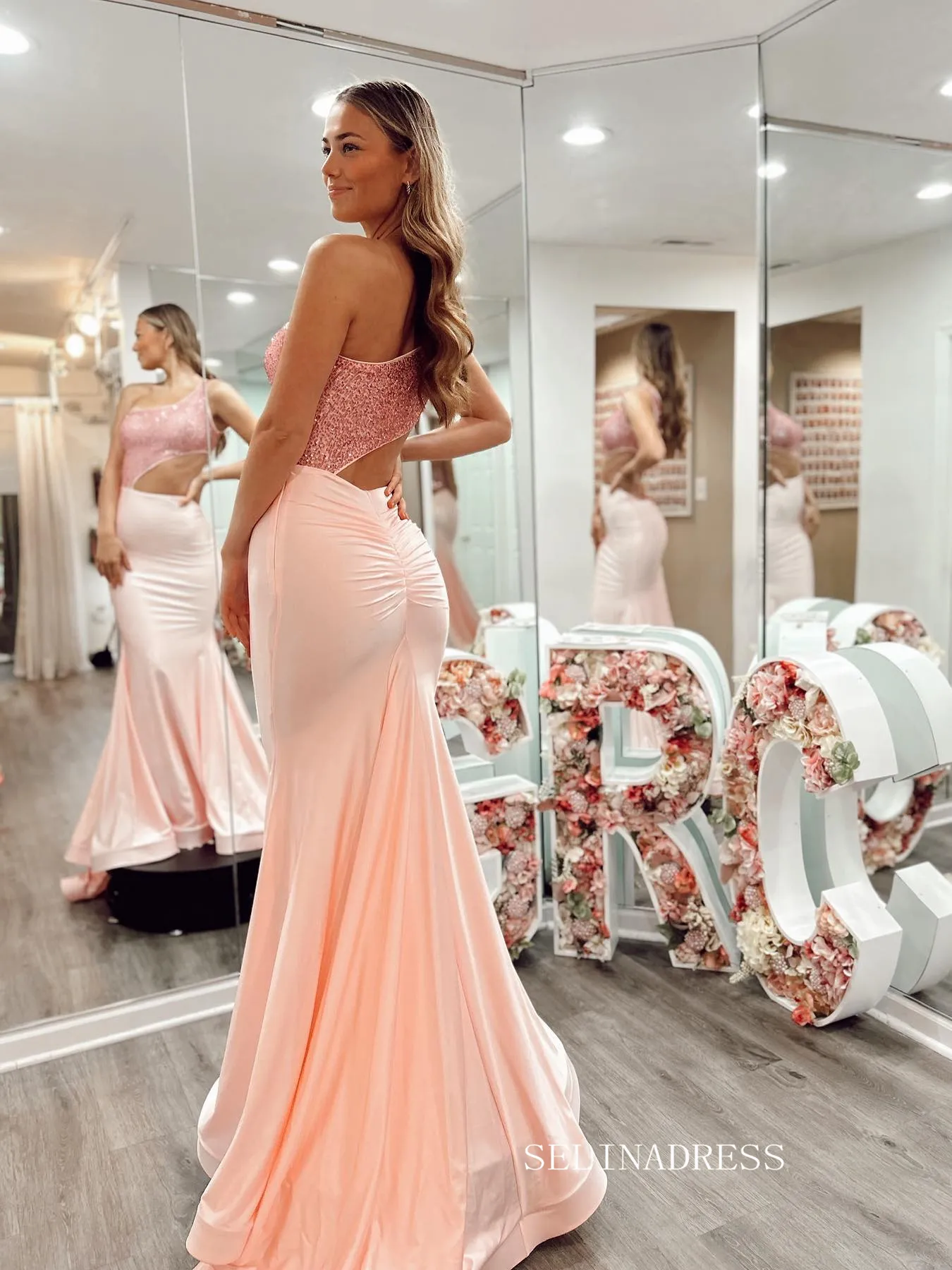 Chic Mermaid One Shoulder Sequins Long Prom Dresses Pearl Pink Formal Dress Evening Gown JKSS611