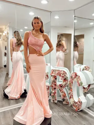 Chic Mermaid One Shoulder Sequins Long Prom Dresses Pearl Pink Formal Dress Evening Gown JKSS611