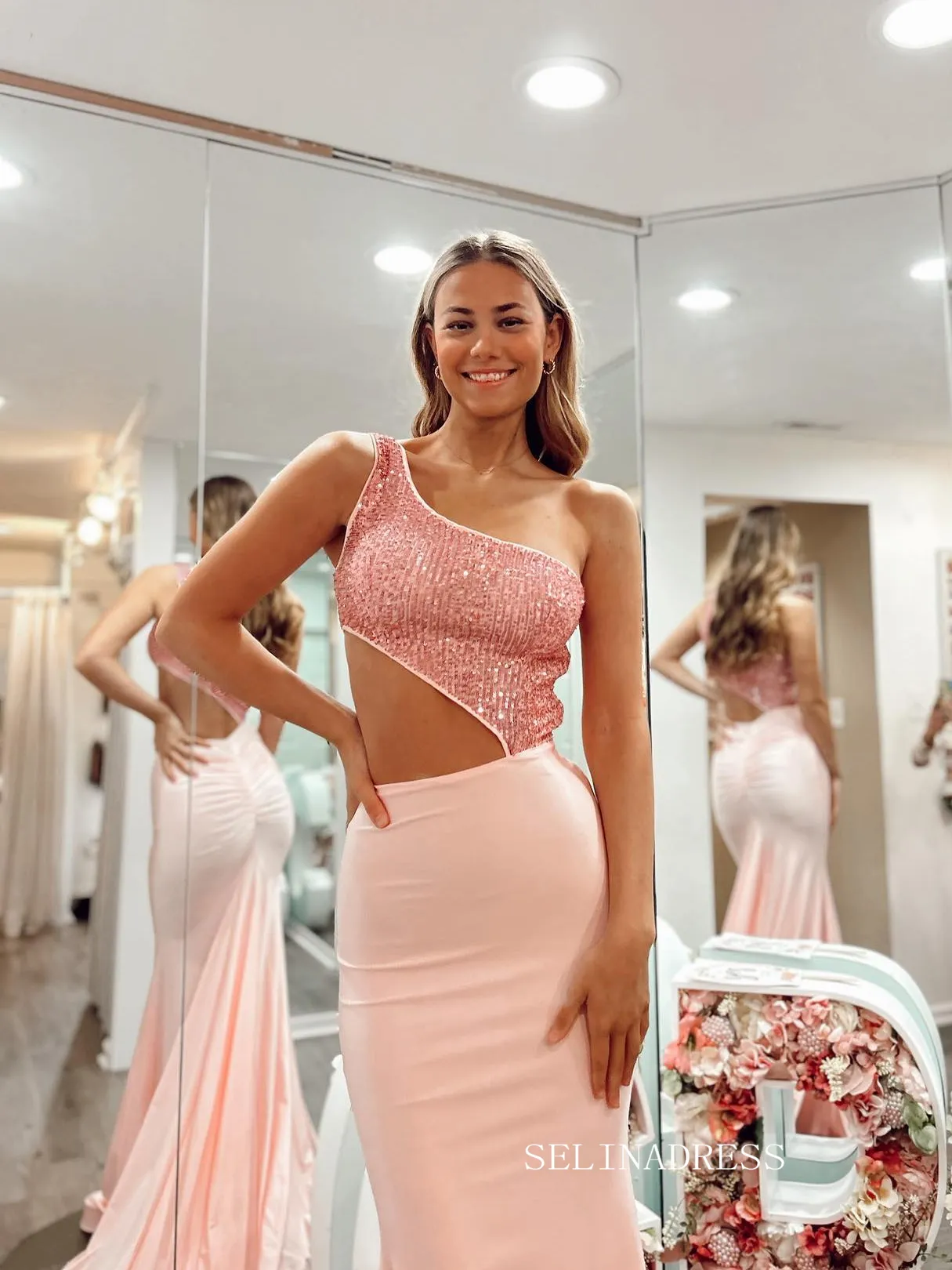 Chic Mermaid One Shoulder Sequins Long Prom Dresses Pearl Pink Formal Dress Evening Gown JKSS611