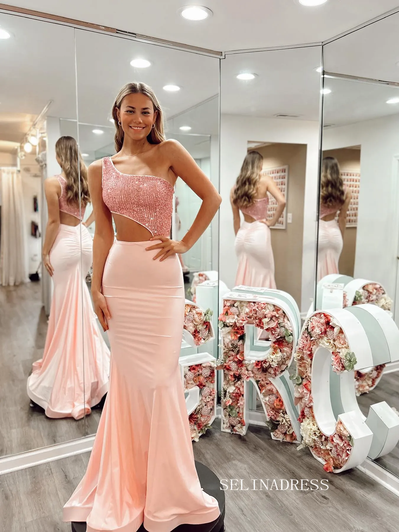 Chic Mermaid One Shoulder Sequins Long Prom Dresses Pearl Pink Formal Dress Evening Gown JKSS611