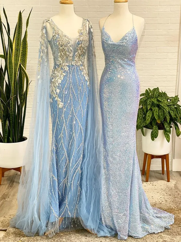 Chic Mermaid V neck Light Sky Blue Prom Dresses Long Evening Gowns MSK014