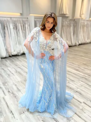 Chic Mermaid V neck Light Sky Blue Prom Dresses Long Evening Gowns MSK014