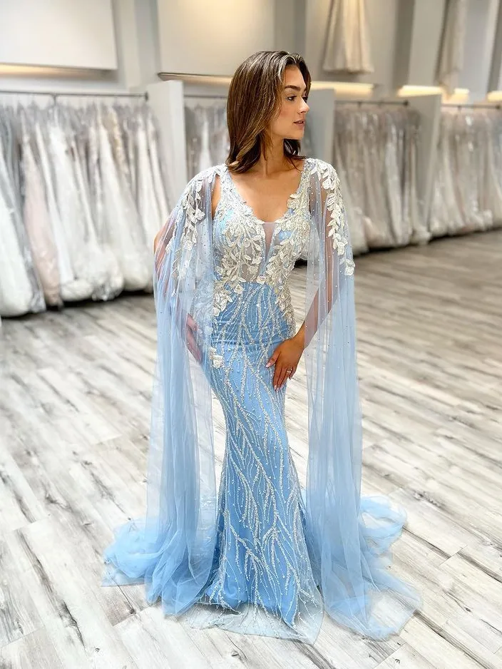 Chic Mermaid V neck Light Sky Blue Prom Dresses Long Evening Gowns MSK014