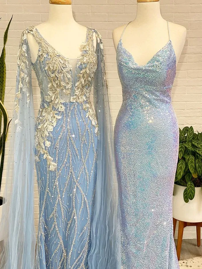 Chic Mermaid V neck Light Sky Blue Prom Dresses Long Evening Gowns MSK014