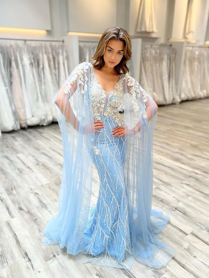 Chic Mermaid V neck Light Sky Blue Prom Dresses Long Evening Gowns MSK014
