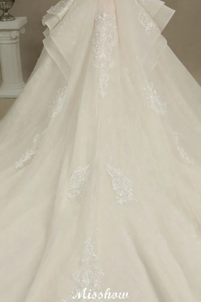 Chic Short Sleeves Tulle Lace Appliques Bridal Gown Spring Garden Wedding Dress